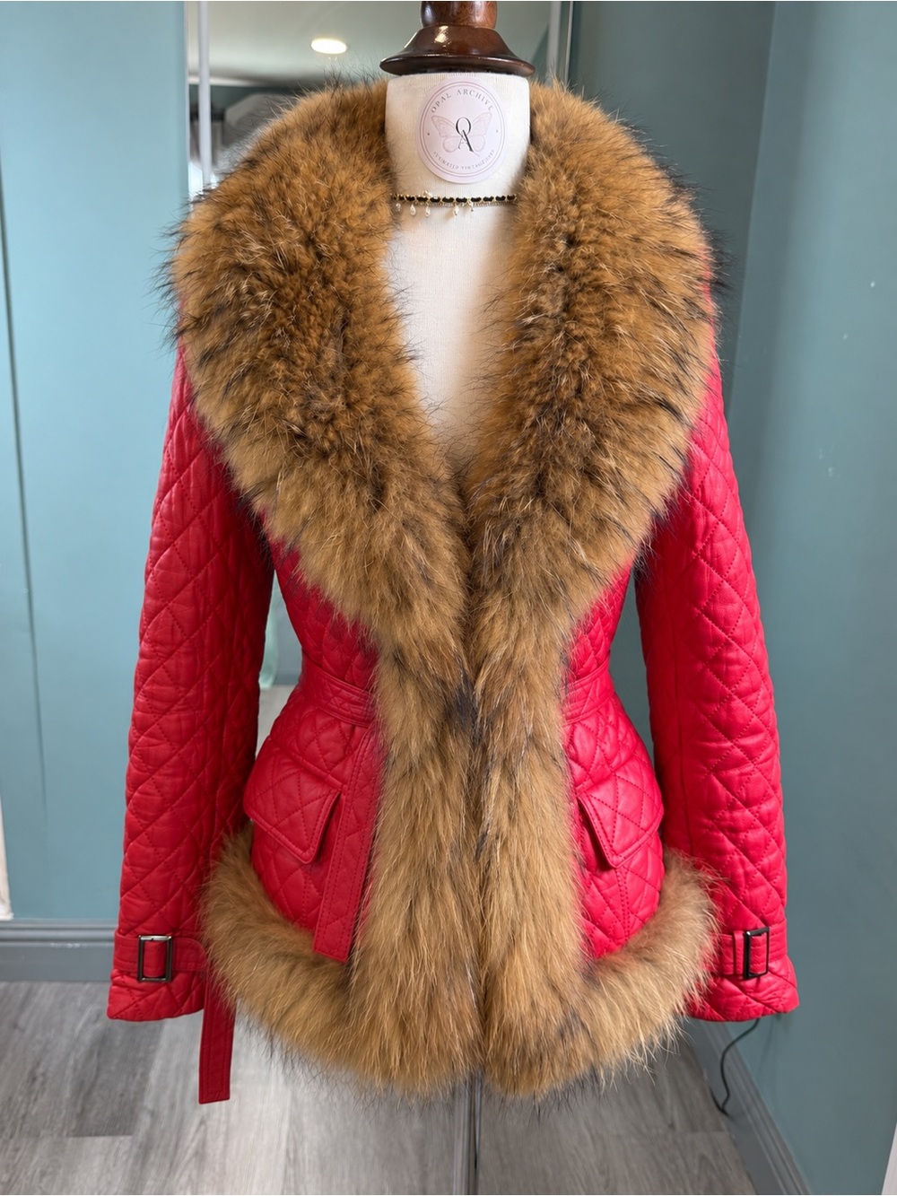 Vintage Red Quilted Lambskin Leather Raccoon Fur Trim Jacket Y2K XS